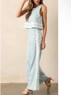 Sleeveless Light Blue Wide-Leg Jumpsuit with White Scallop Trim